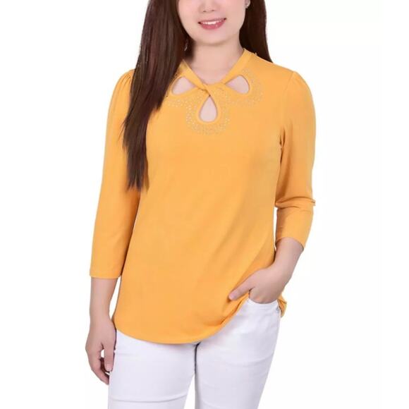 NY Collection Yellow Crepe Studded Cutout 3/4 Sleeve Blouse Top Petite XL NWT - Picture 1 of 13